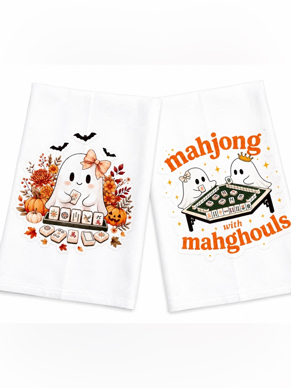Fall Halloween Mahjong Ghosts kitchen towels